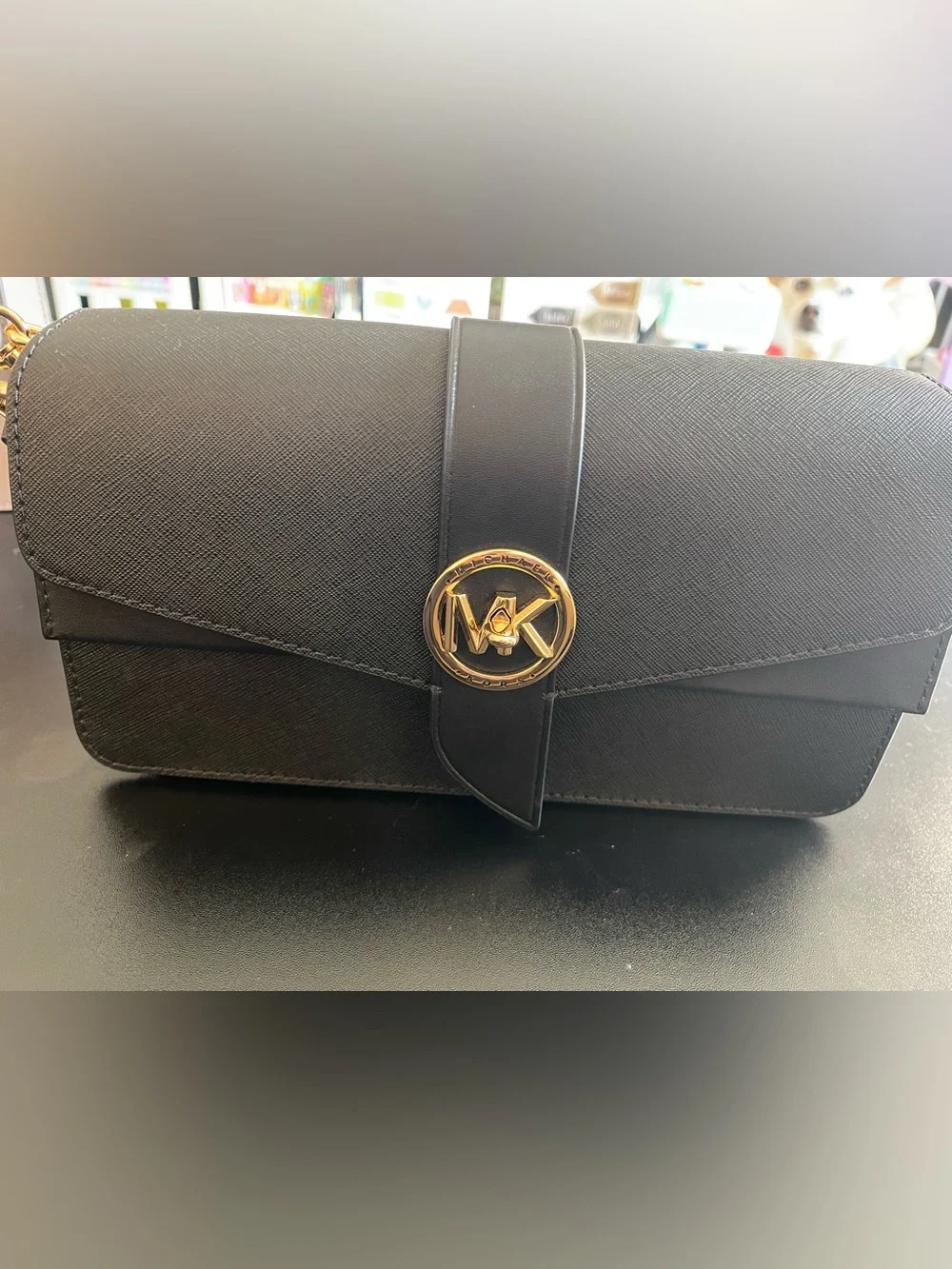 Michael Kors Black Leather Crossbody with Gold MK Emblem